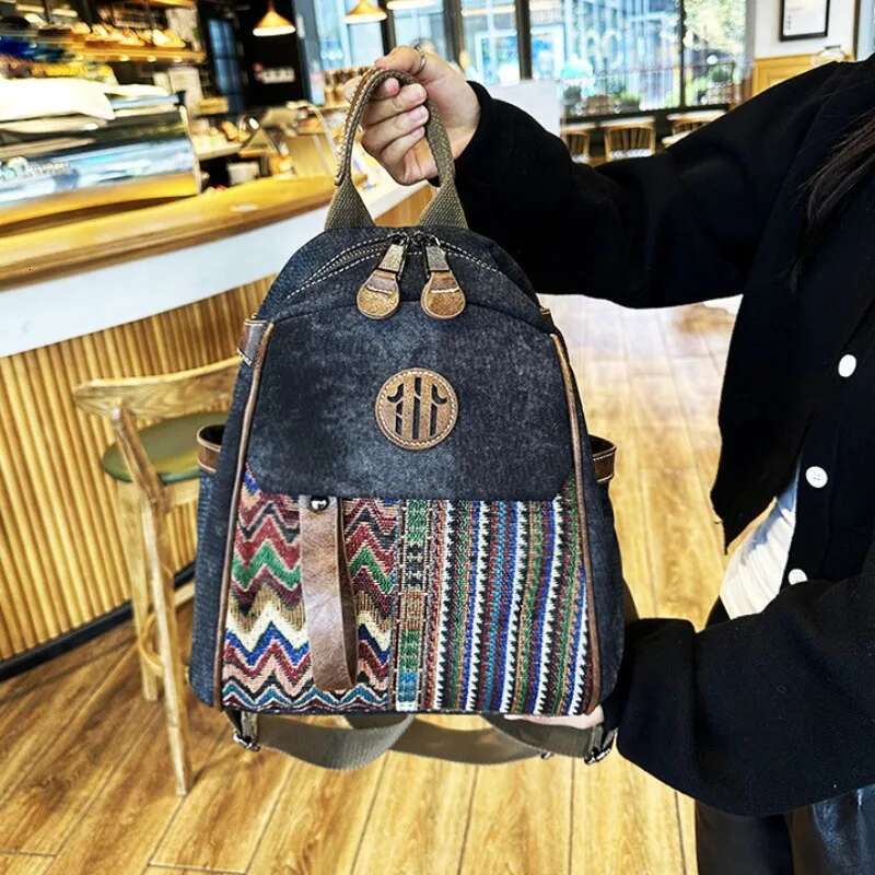 Student Retro Fashion Embroidered Denim Multi Purpose Travel Backpack Cross Shoulder