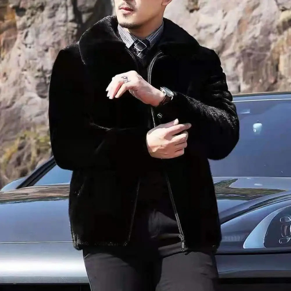 Winter Men Hooded Coat Solid Color Long Sleeve Mink Fur Jacket Zipper Placket Thick Fleece Male With Pockets 250107