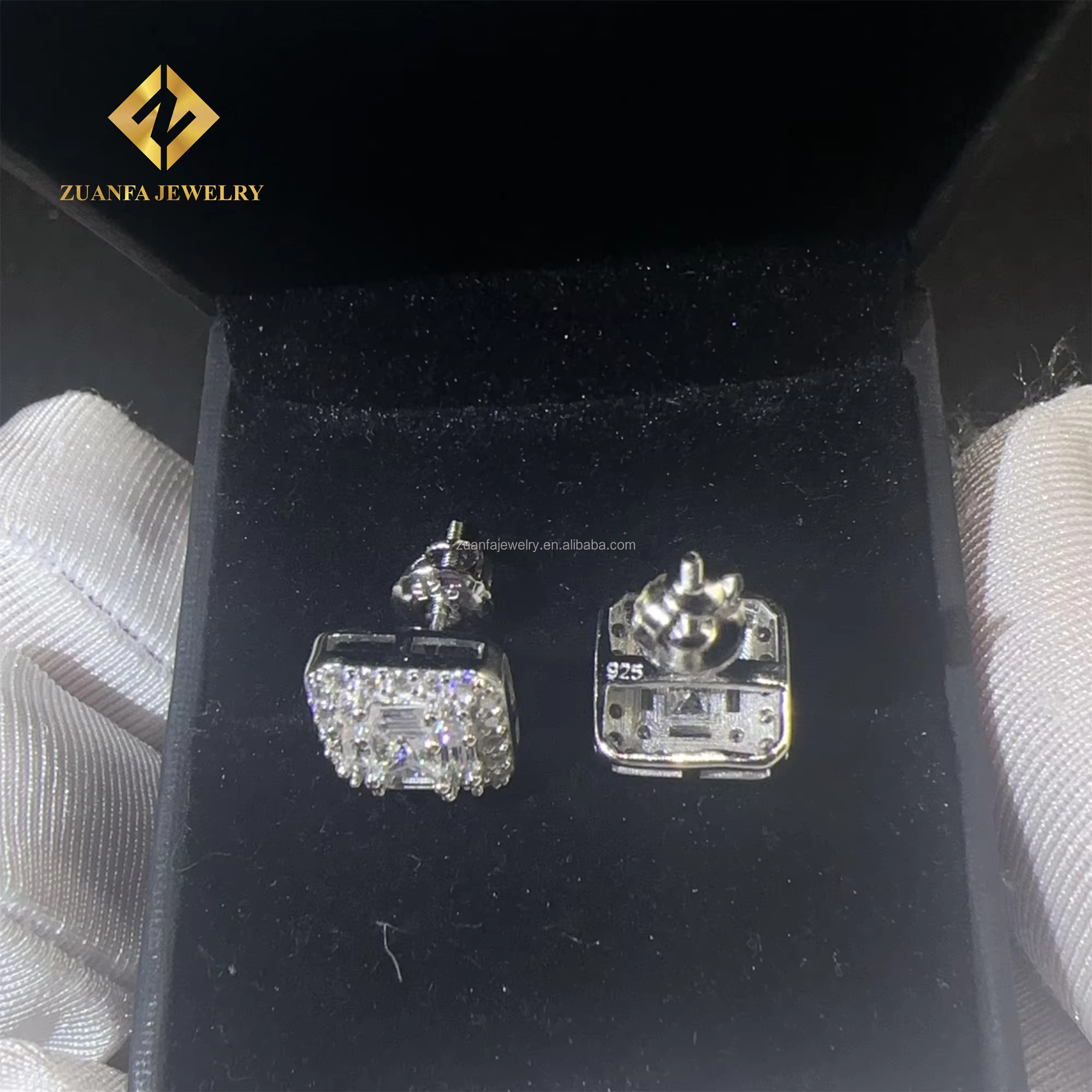 Pass Tester Sier Rhodium plated Hip Hop Earring jewelry iced out Baguette Moissanite Dia Men stud earrings