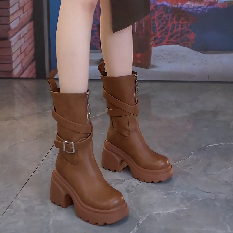 Handsome Knight Women's Midsole Boots, 2025 Autumn And Winter New Style, Front Zipper Versatile Buckle Heels, Knee High Boots