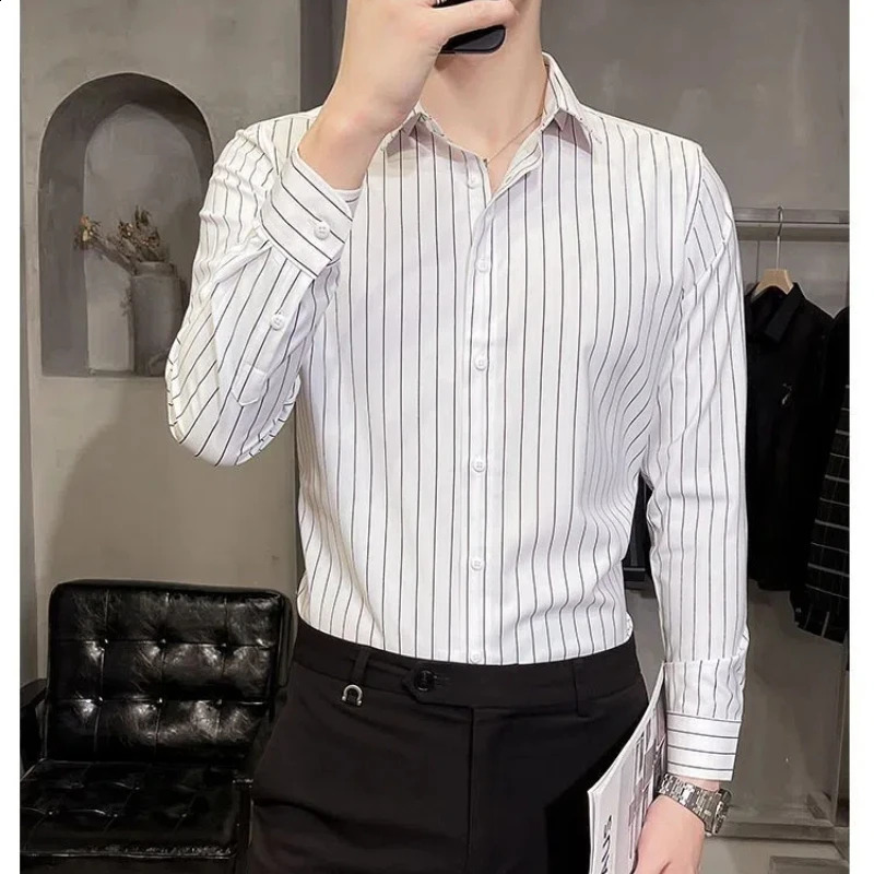 Mens Retro Formal Casual Shirt Pockets Striped Contrast Color Long Sleeve Cardigan Button Turn-down Collar Spring Autumn Tops 250108
