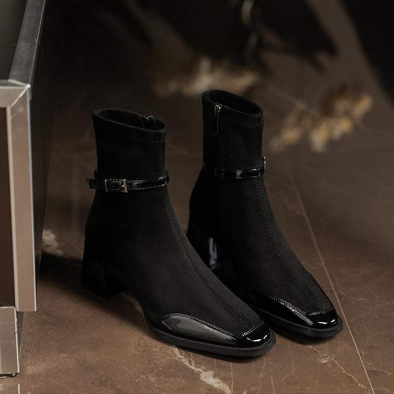 5598-2 Ankela Red Cashmere Splicing Square Head Short Boots For Women, Thick Heels, Thin Versatile Martin Boots, Autumn