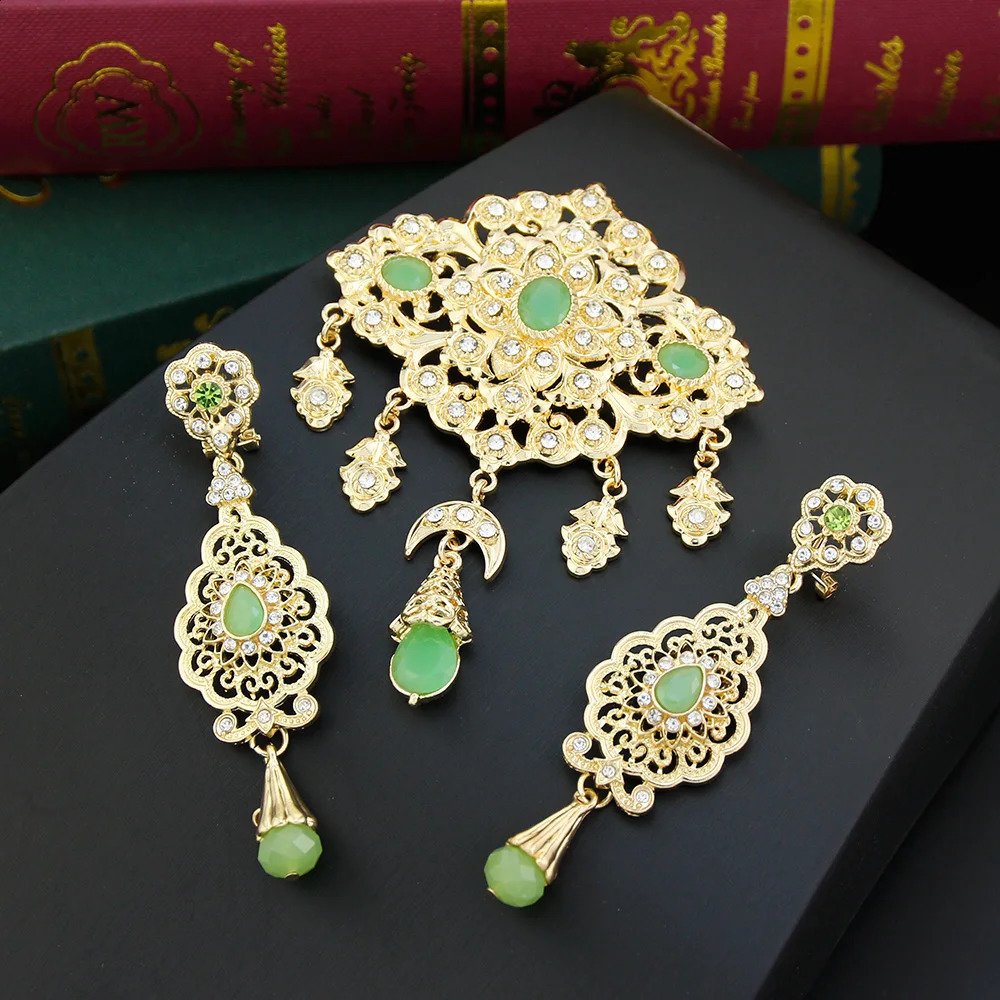 Neovisson Fashion Style Morocco Brooch Earring Bride Jewelry Sets For Women n Orange Crystal Gold Color Brooch Earring Gift 250103