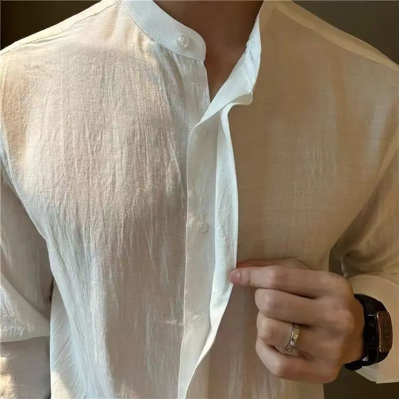 Preppy Style Long Sleeve Turn-down Collar Spring Autumn Solid Color Button Up Cardigan Shirt Mens Clothing Formal Casual Tops 250108