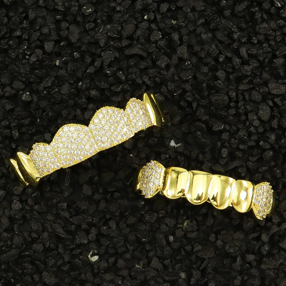 Hip Hop Full Iced Out CZ Stones Teeth Caps Cubic Zircon Top Bottom Charm Grills Set For Men Women Jewelry Gift 250107