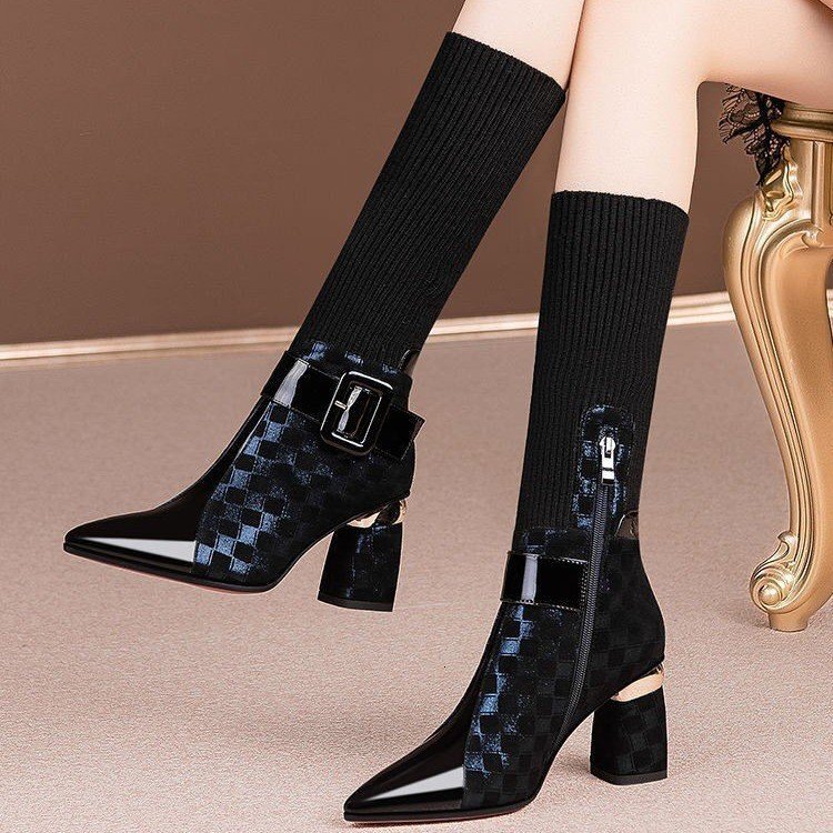 High Women's Winter New Item, Martin Thick Heels, Short With Plush Thread Tube, Pointed Midsole Boots, Long Boots