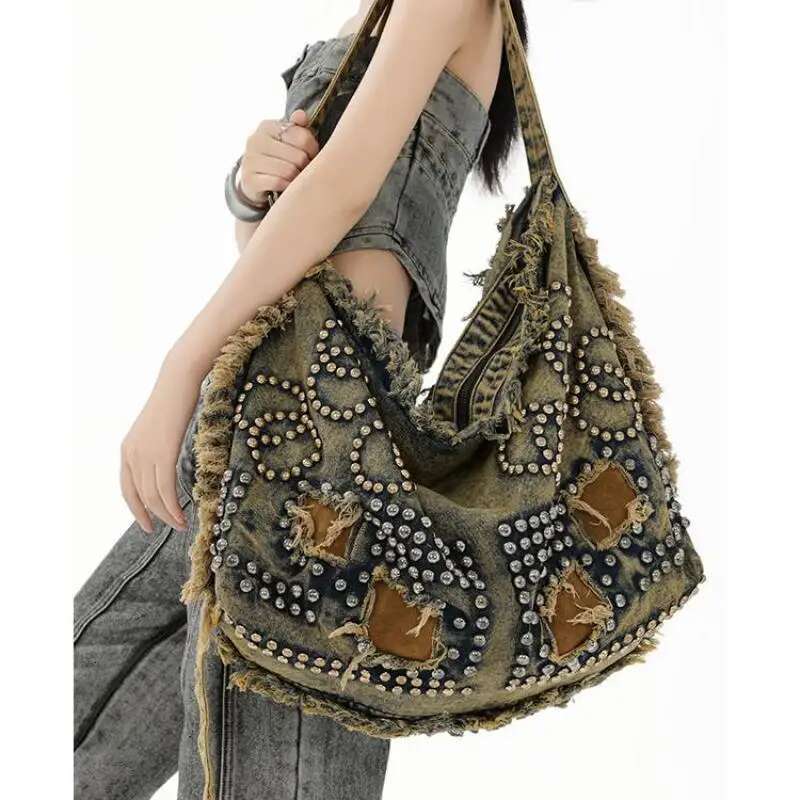 European/American Retro Denim Pleated Fringe Edge Rivet Shoulder With Personalized Fashion And Large Capacity Crossbody Bag