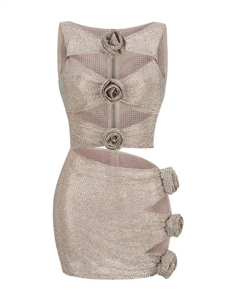 BEVENCCEL Womens Silver Sexy Diamond 3D Flower Short Top Mini Skirt Hollow 2 Piece Set Celebrating Nightclub Party Set 250109