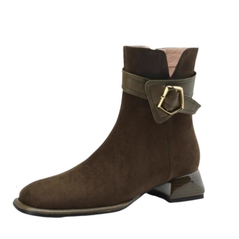 Fashionable Matte Leather Short For Women, Square Toe Spring And Autumn Single Boots, Versatile French Buckle Splicing, Mid Heel Martin Boots