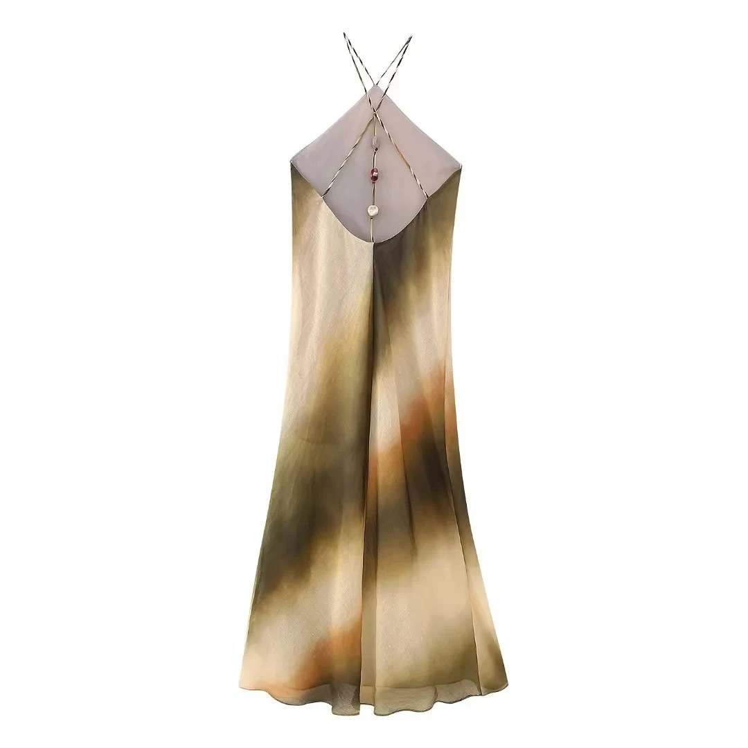 Summer Woman Tie Dyed Printed Hanging Neck Midi Long Dress Fashion Sleeveless Vintage Causal Elegant Slim Dresses
