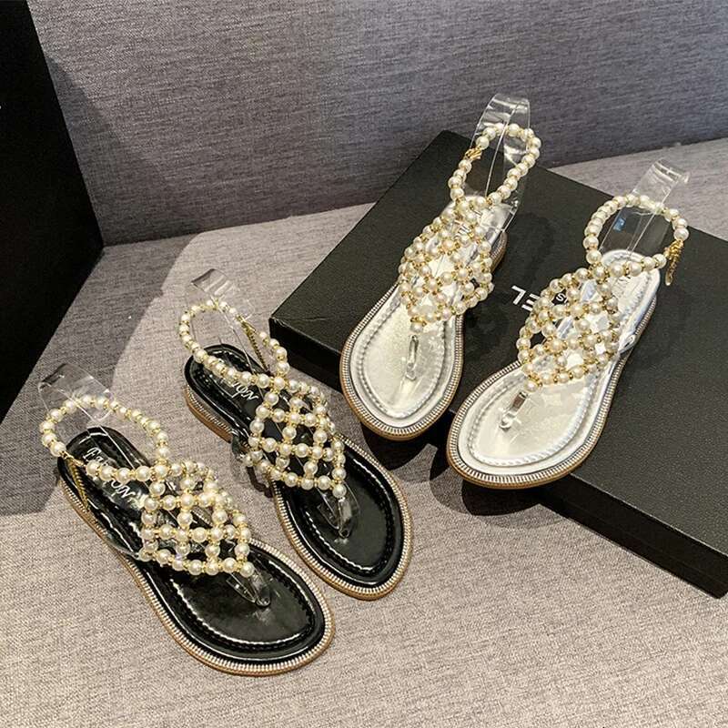 Beaded Clip Toe Women Sandals Beach Flip Ps Shoes Summer Dress Slippers Designer 2024 New Casual Mid Heels Pumps Mujer Slides