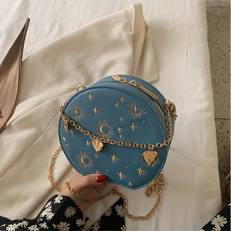 Mini Embroidered Round Chain Heart Decor Crossbody Bag, Star Moon Pattern Circle Purse Valentine's Day Gift