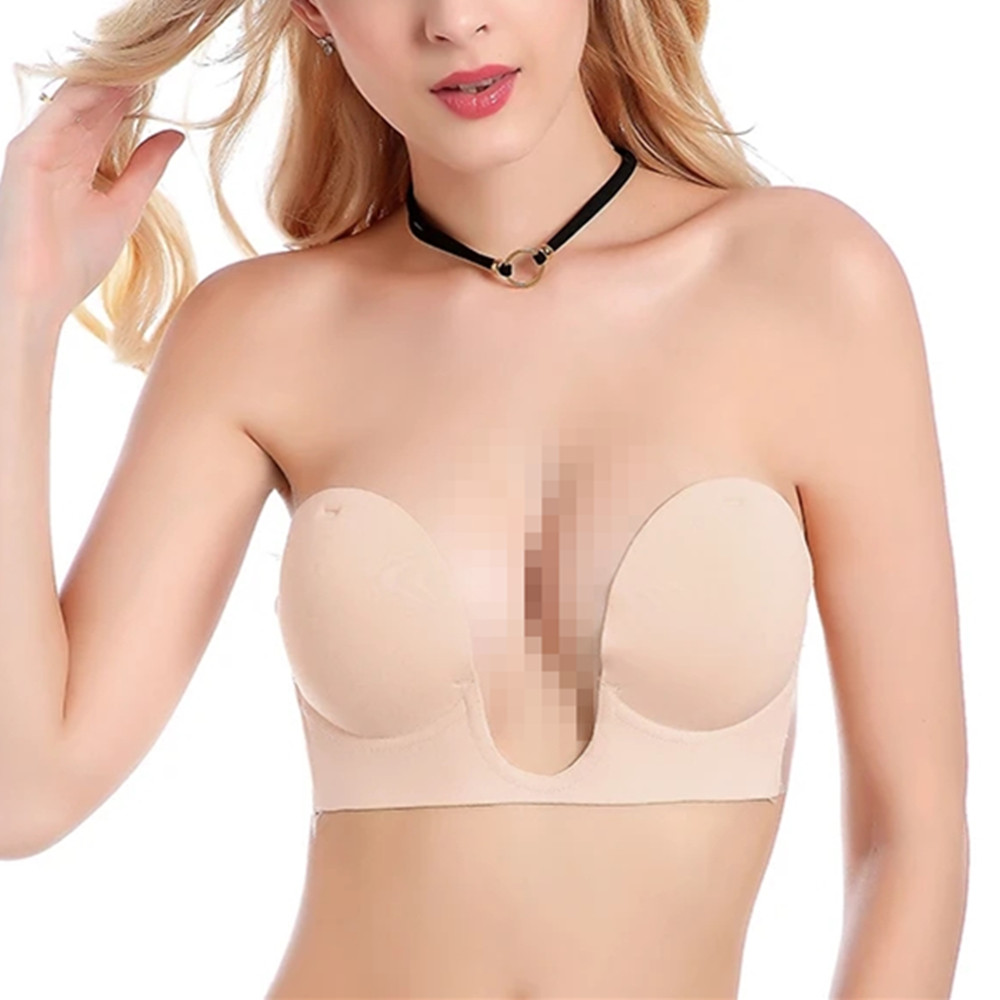 Women's Strapless Bras Invisible Push Up Bra Silicone Brassiere Deep U Underwear Dress Wedding Party Sticky Self-adhesive