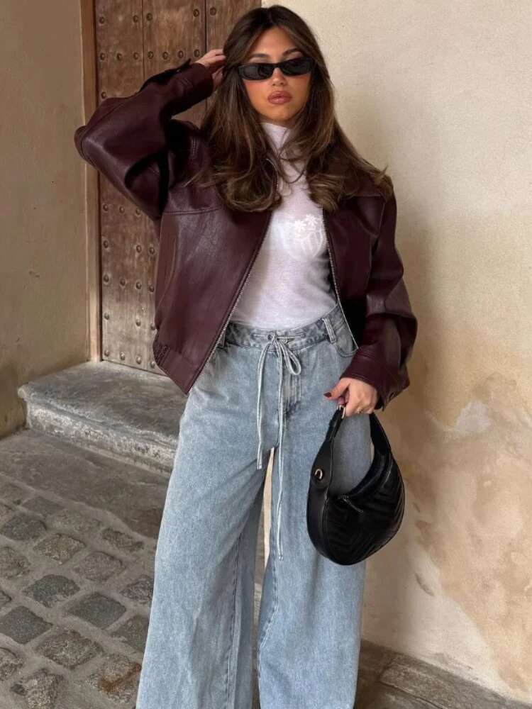 Women's Faux Leather Jacket Vintage Lapel Long Sleeve Zip Pocket Solid Elastic Hem Cropped PU Overcoat Fall Winter New Coat