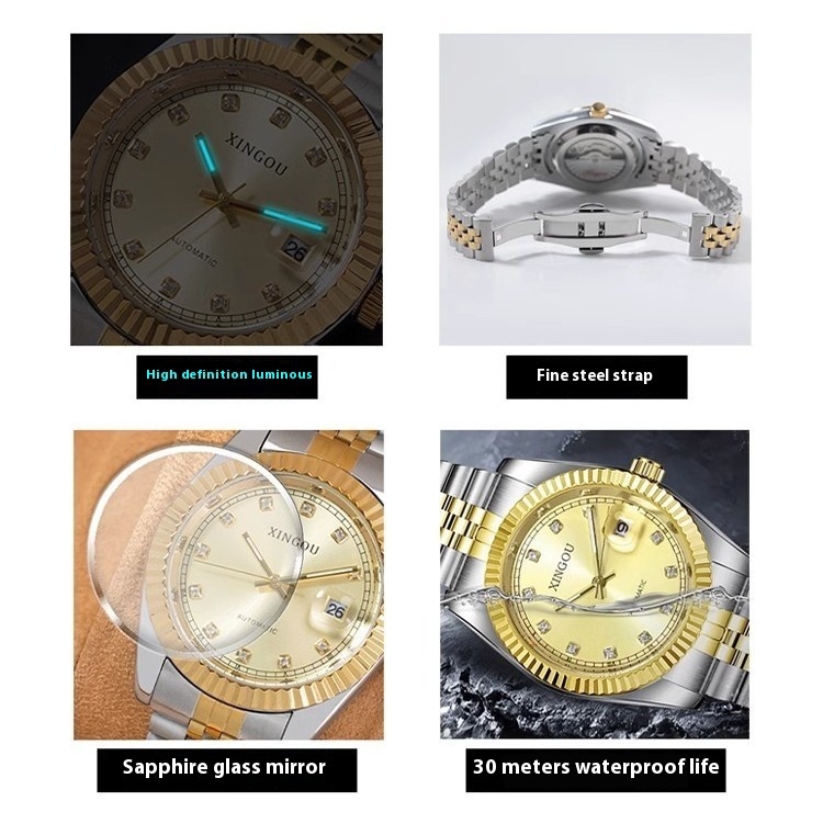 High-End Minimalist Automatic Mechanical Watch with Diamond, Night Glow, and Waterproof Feature