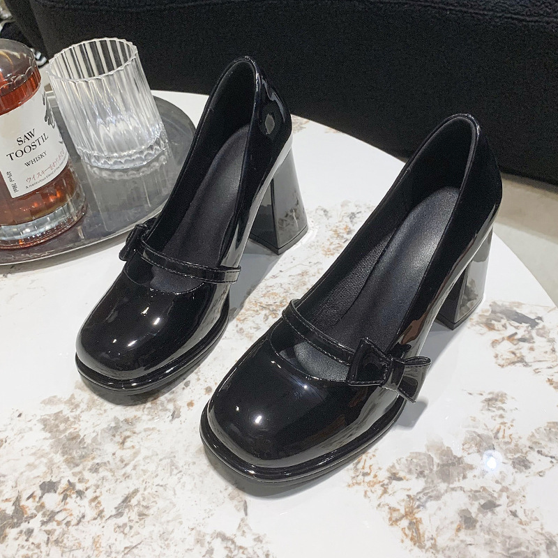 2024 Spring New Butterfly Button Strap Single Sweet French Pink Thick High Heels Mary Jane Shoes Women