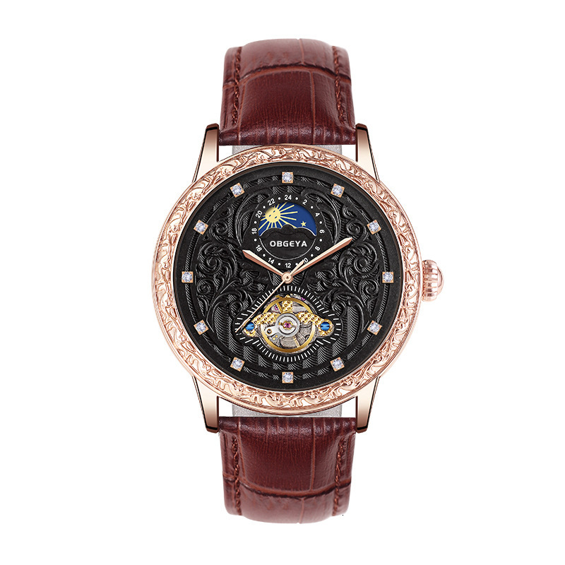 Luxury Automatic Mechanical Watch with Diamond-Encrusted Skeleton and 30M Waterproof Leather Strap for Men