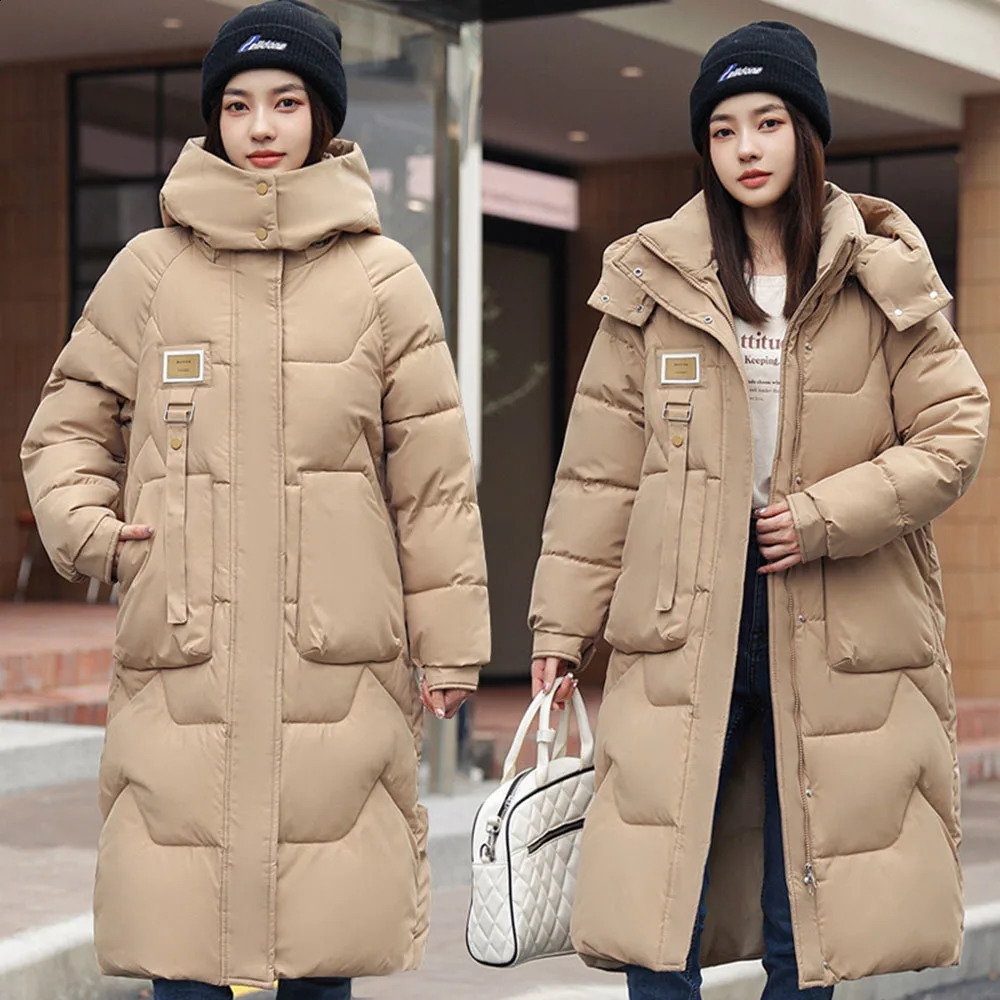 Winter Long Parkas Women Down Padded Coat Puffer Jacket Leather Label Hooded Big Pocket Polyester Fabric Cotton Snow Outwear 250108
