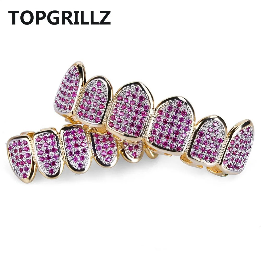 Fit Hip Hop Gold Teeth Caps Micro Pave Fuchsia Cubic Zirconia Top Bottom Grills Set for Christmas Gift Women 250107