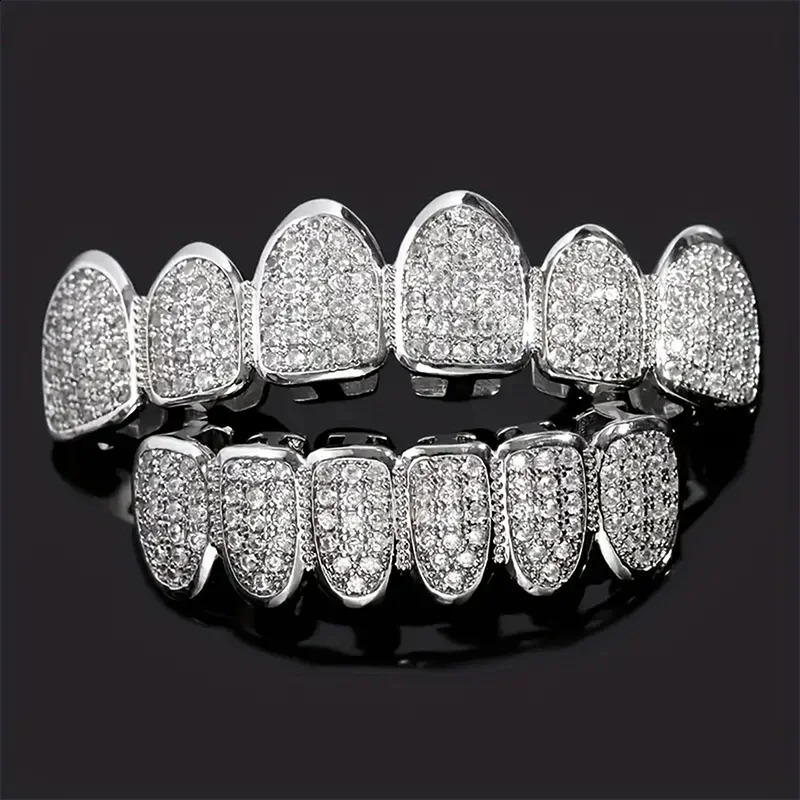 2024 Full Diamond Gold And Silver Braces Hip Hop Rock Style Mens Copper Alloy Jewelry Party Gift 250107