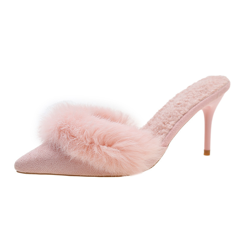 Women Slippers Fleece Spring Warm High Heel Fashion Outerwear Versatile Pointed Toe Triple Black White Pink Free shipping