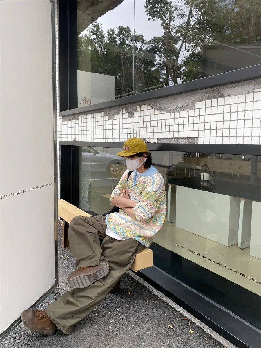 American street hip-hop color gradient hollow knitted polo shirt short sleeved mens and womens loose retro trendy T-shirt 250109