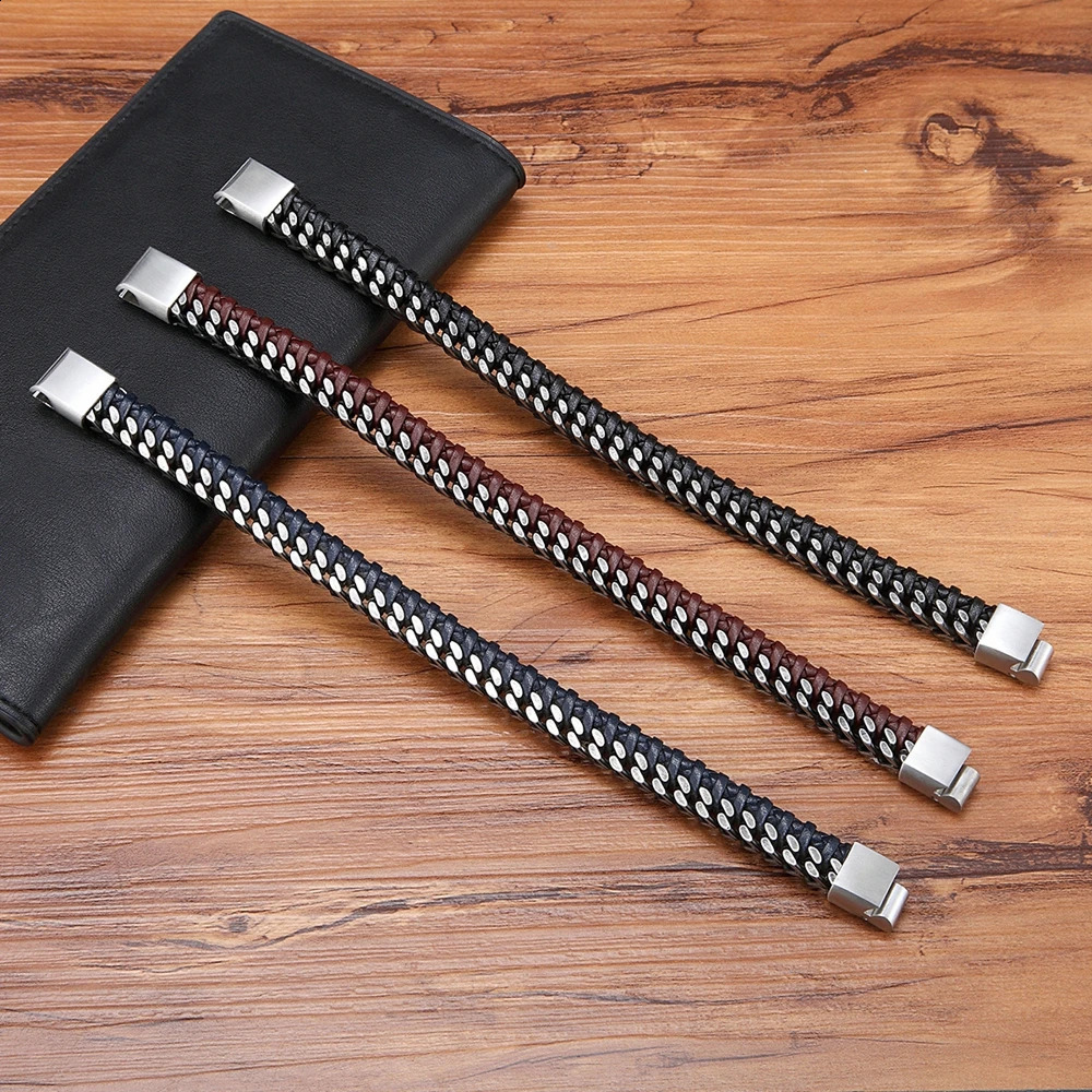 XQNI Retro Handmade Leather Braided Mens Bracelet Stainless Steel Buckle Business Mens Bracelet 250109