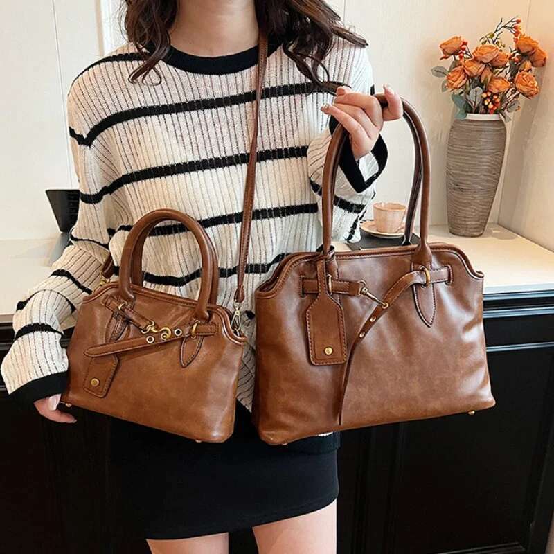 PU Leather Retro Tote Bag For Women Winter Trend New Fashion Y2k Lady Travel Shoulder Crossbody Bags Handbags