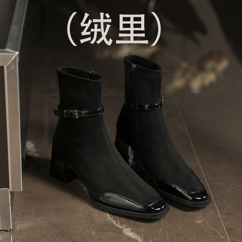 5598-2 Ankela Red Cashmere Splicing Square Head Short Boots For Women, Thick Heels, Thin Versatile Martin Boots, Autumn