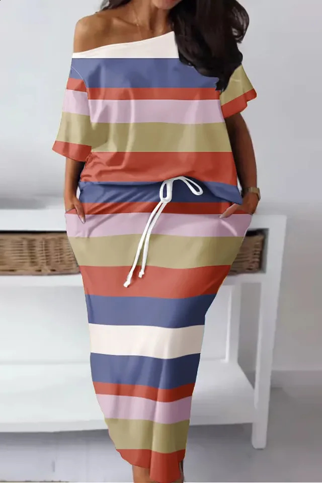 Plus Size Multicolor Casual All Over Print With Pocket Two Piece Skirt Sets 250106