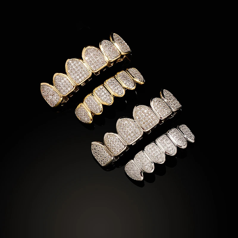 2024 Full Diamond Gold And Silver Braces Hip Hop Rock Style Mens Copper Alloy Jewelry Party Gift 250107