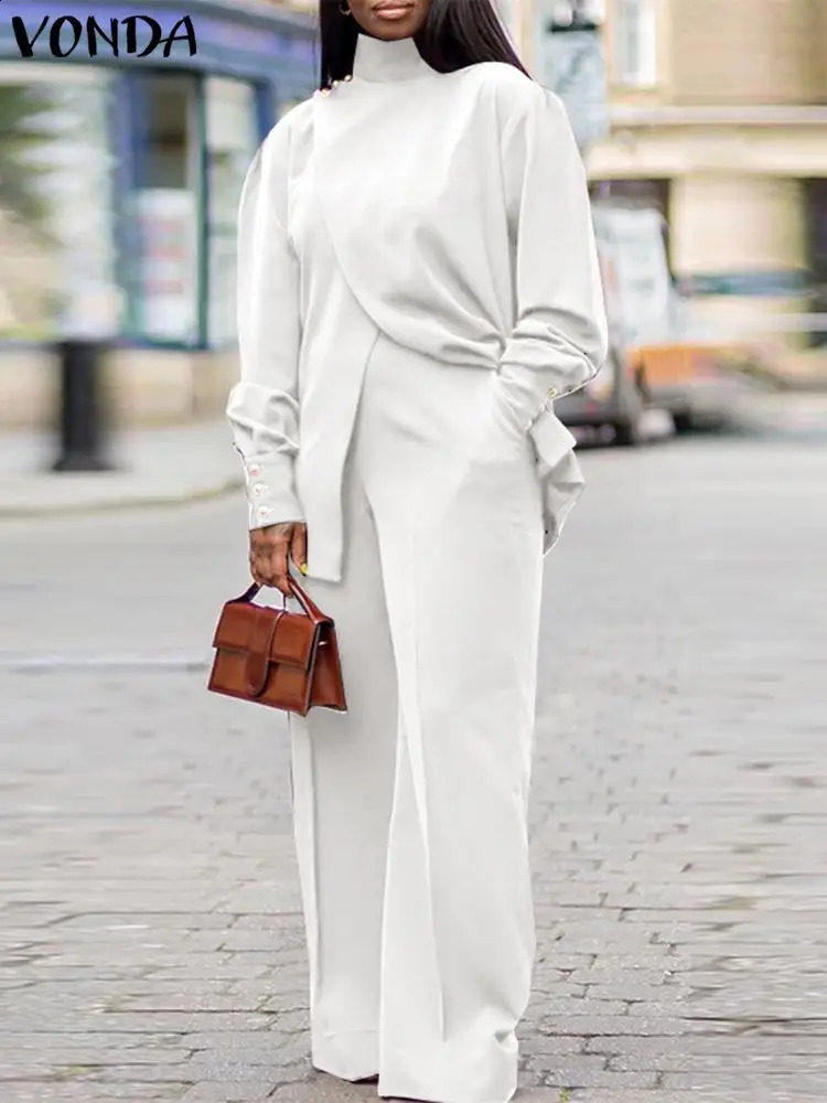 Plus Size VONDA Women Autumn High Neck Suits Solid Color Long Sleeve Matching Sets Elegant Split And Wide Leg Trousers 2PCs y250122