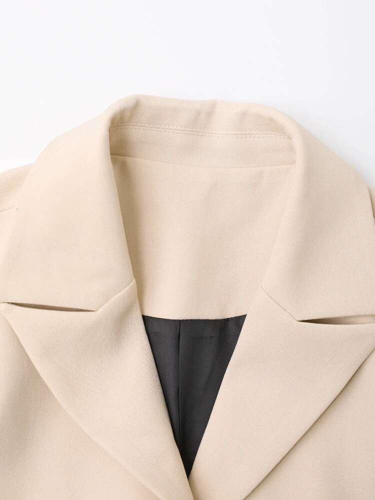 Women Beige Denim Color-Block Elegant Blazer New Lapel Long Sleeve Jacket Fashion Tide Spring Autumn 2025 Cpdb132
