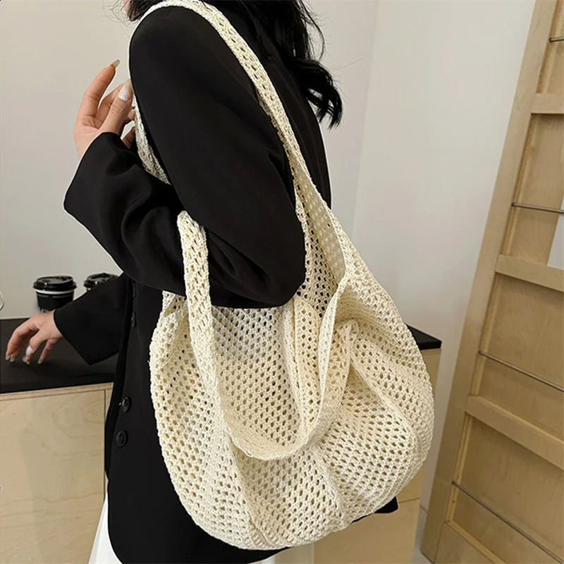Women Crochet Tote Bag Fashion Hollow Out Knitted Large Capacity Handbag Female Summer Beach Solid Color Woven Shoulder 250107