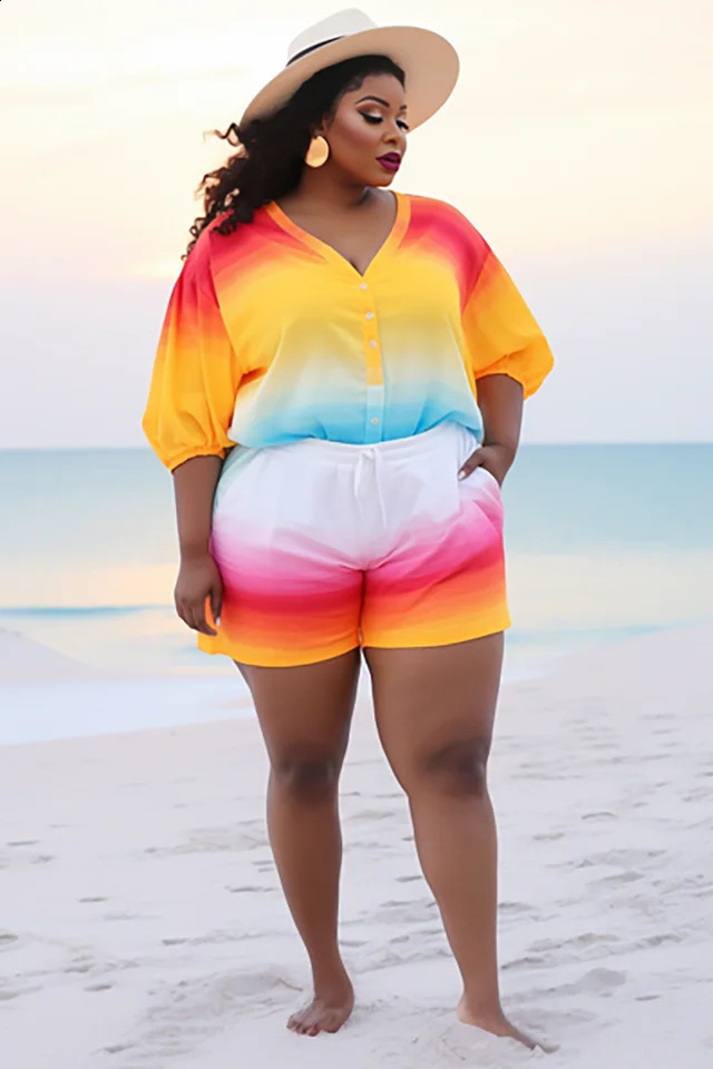 Plus Size Beach Casual Multicolor Gradient V Neck Lantern Sleeve Half Button Pocket Two Piece Short Sets y250122