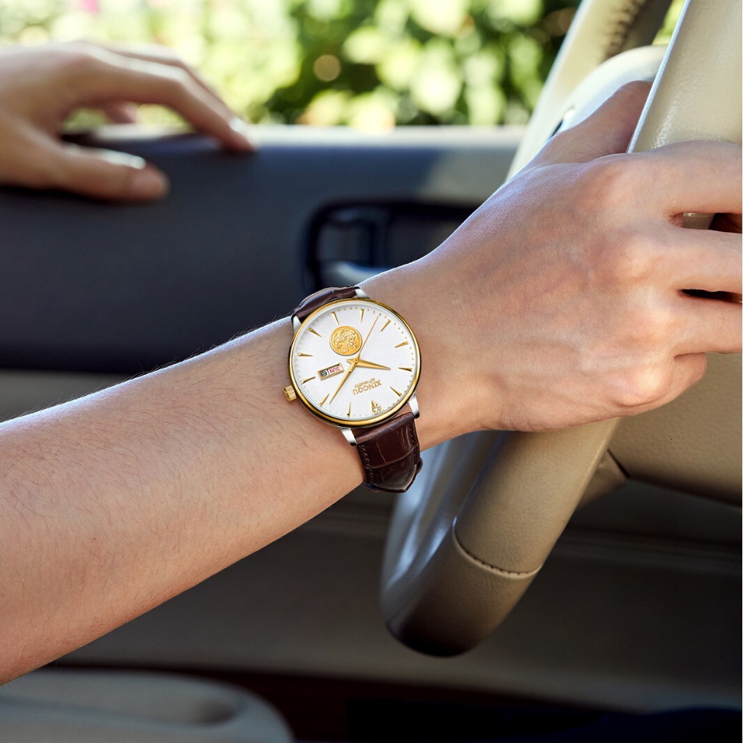 Stylish Business Men's Watch with Dual Calendar and Waterproof Leather Strap