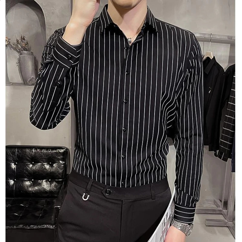 Mens Retro Formal Casual Shirt Pockets Striped Contrast Color Long Sleeve Cardigan Button Turn-down Collar Spring Autumn Tops 250108