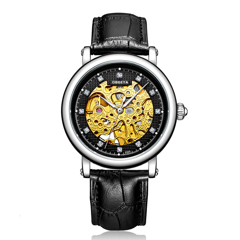 Elegant Men's Automatic Mechanical Watch with Diamond, Skeleton Design, and Waterproof Feature