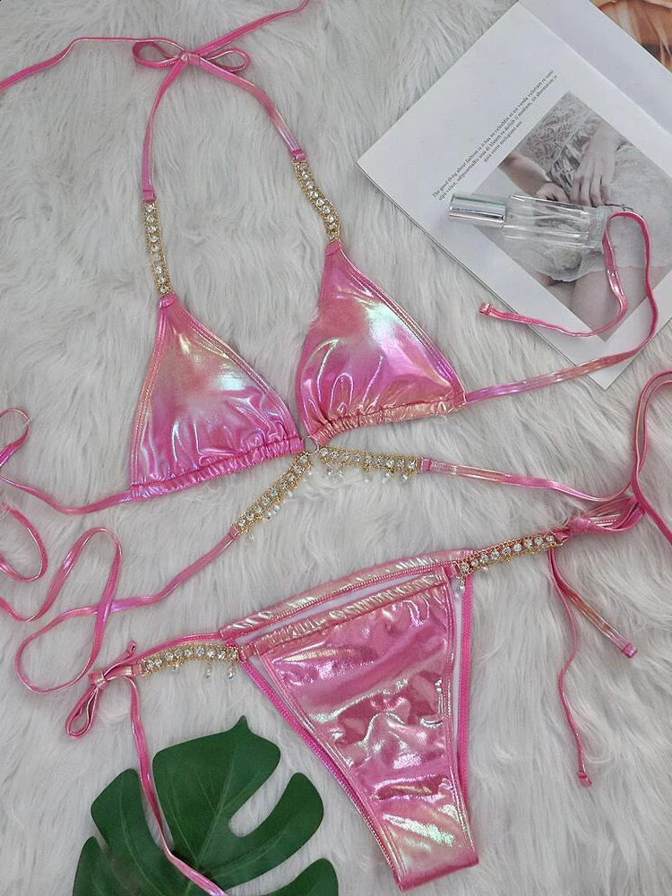 OIINAA Womens Swimsuit Sexy Solid Flash Bikini Set Diamond Strap Beach Wear Wrap Swimsuit Summer Lace Bikini 250110