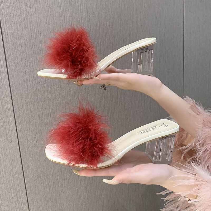 2023 New Summer Korean Edition High Heel With Thick Heels, One Line Slippery Plush Shoes, Bride Bridesmaid Morning Robe Matching Shoes