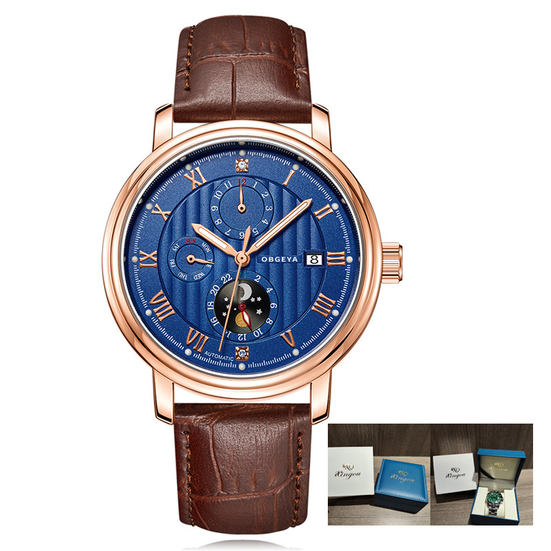 Men's Fashionable Automatic Mechanical Watch with Leather Strap and Night Glow