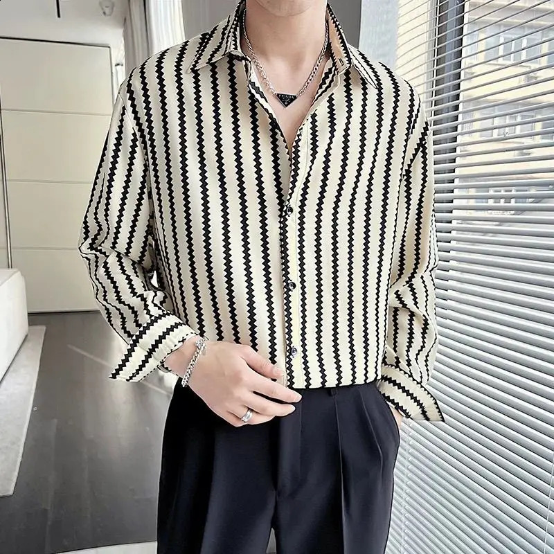 Korean Leisure Hipster Creative ity Handsome Senior Drape Trend Stripe Temperament Mens Long Sleeved Shirt Autumn 250108
