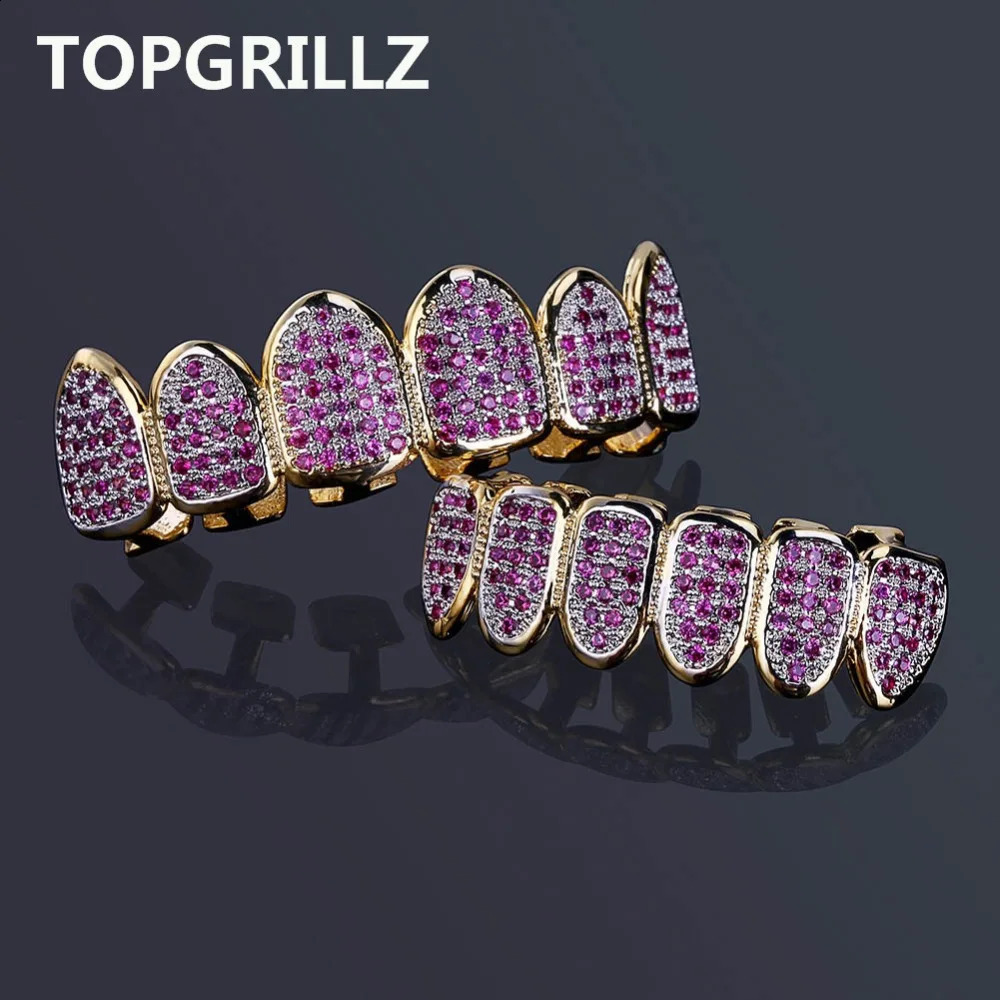 Fit Hip Hop Gold Teeth Caps Micro Pave Fuchsia Cubic Zirconia Top Bottom Grills Set for Christmas Gift Women 250107