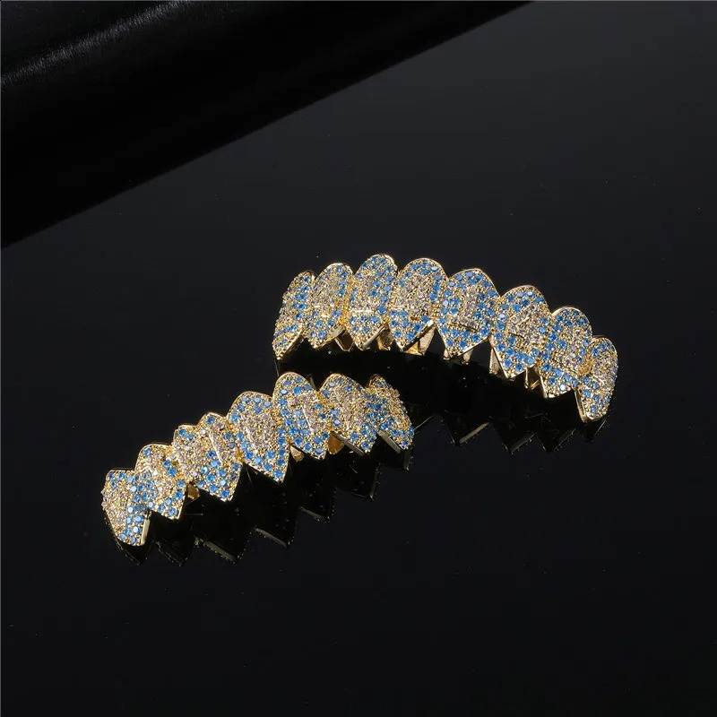 Hip Hop Full CZ Blue Stones Teeth Caps Cubic Zircon Iced Out Micro Pave Top Bottom Charm Grills Set For Men Women Jewelry 250107