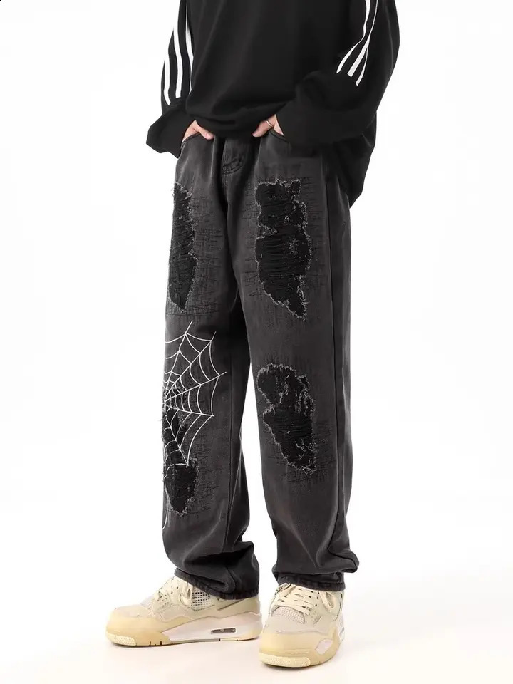y2k Jeans Mens Spider Web Printed Pants American Vintage Hip Hop Style Casual Loose Aesthetic Straight High Street Wide Leg Pan 250109