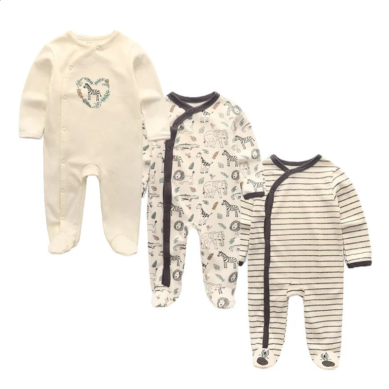 Kiddiezoom 3-piece/bulk autumn unisex cartoon long sleeved baby boy and girl jumpsuit 100% pure cotton soft born jumpsuit 250110