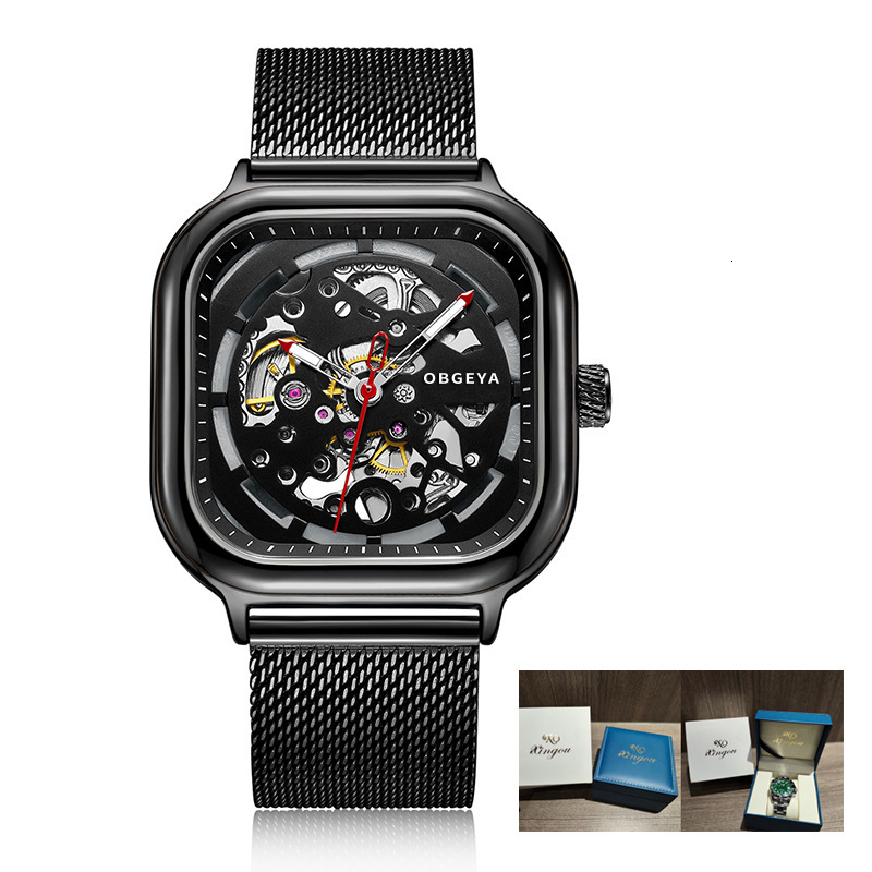 Men's Fashionable Waterproof Skeleton Automatic Mechanical Watch with Square Large Dial