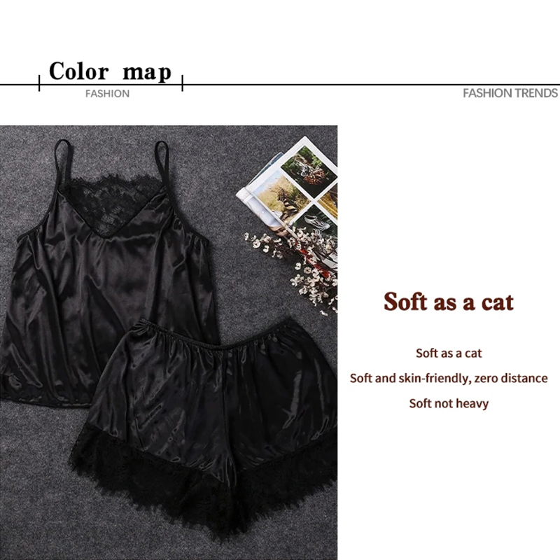 Women Ice Silk Pajamas Sleepwear Pajama Set Nightgowns Nightdress Camisole Shorts Black Red L XL Lace Casual Sexy Smooth