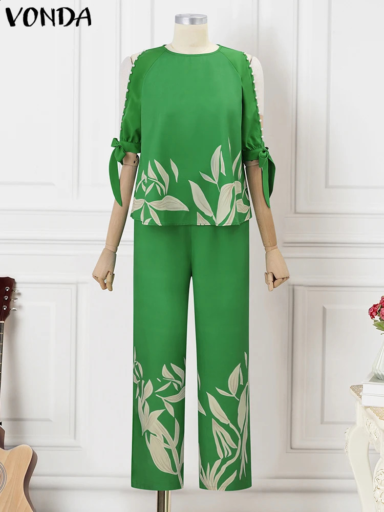 Plus Size 5XL VONDA Pant Sets 2024 Autumn Women Cold Shoulder 2pcs Casual 34 Sleeve Tops Printed Bohemian Matching y250122