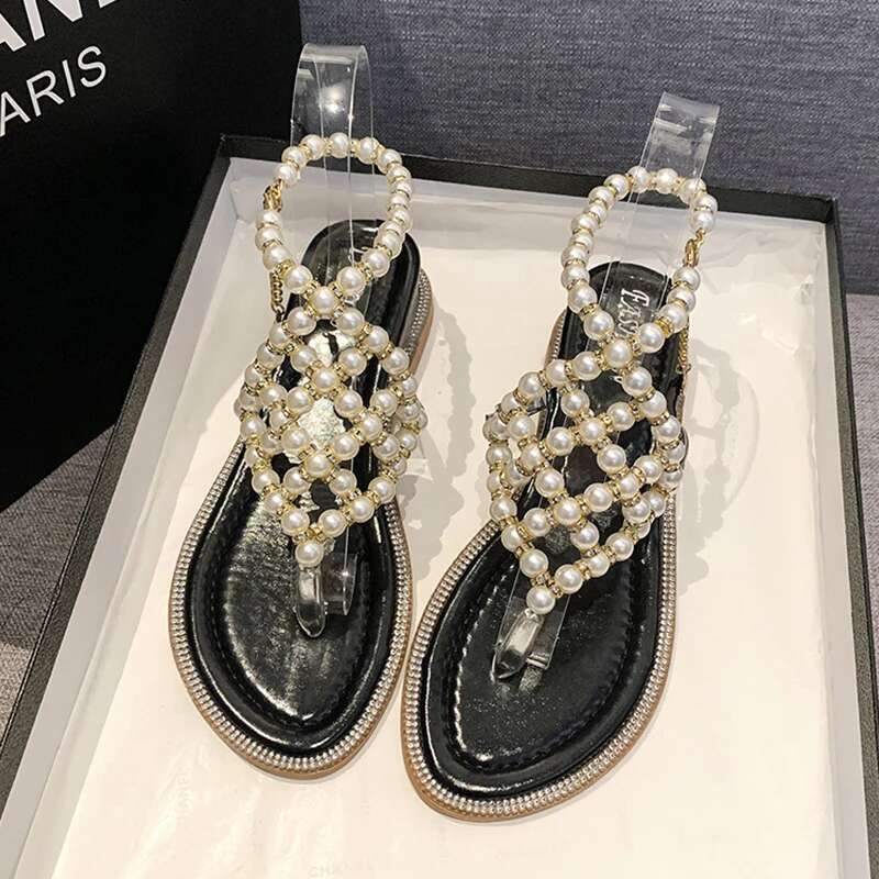 Beaded Clip Toe Women Sandals Beach Flip Ps Shoes Summer Dress Slippers Designer 2024 New Casual Mid Heels Pumps Mujer Slides
